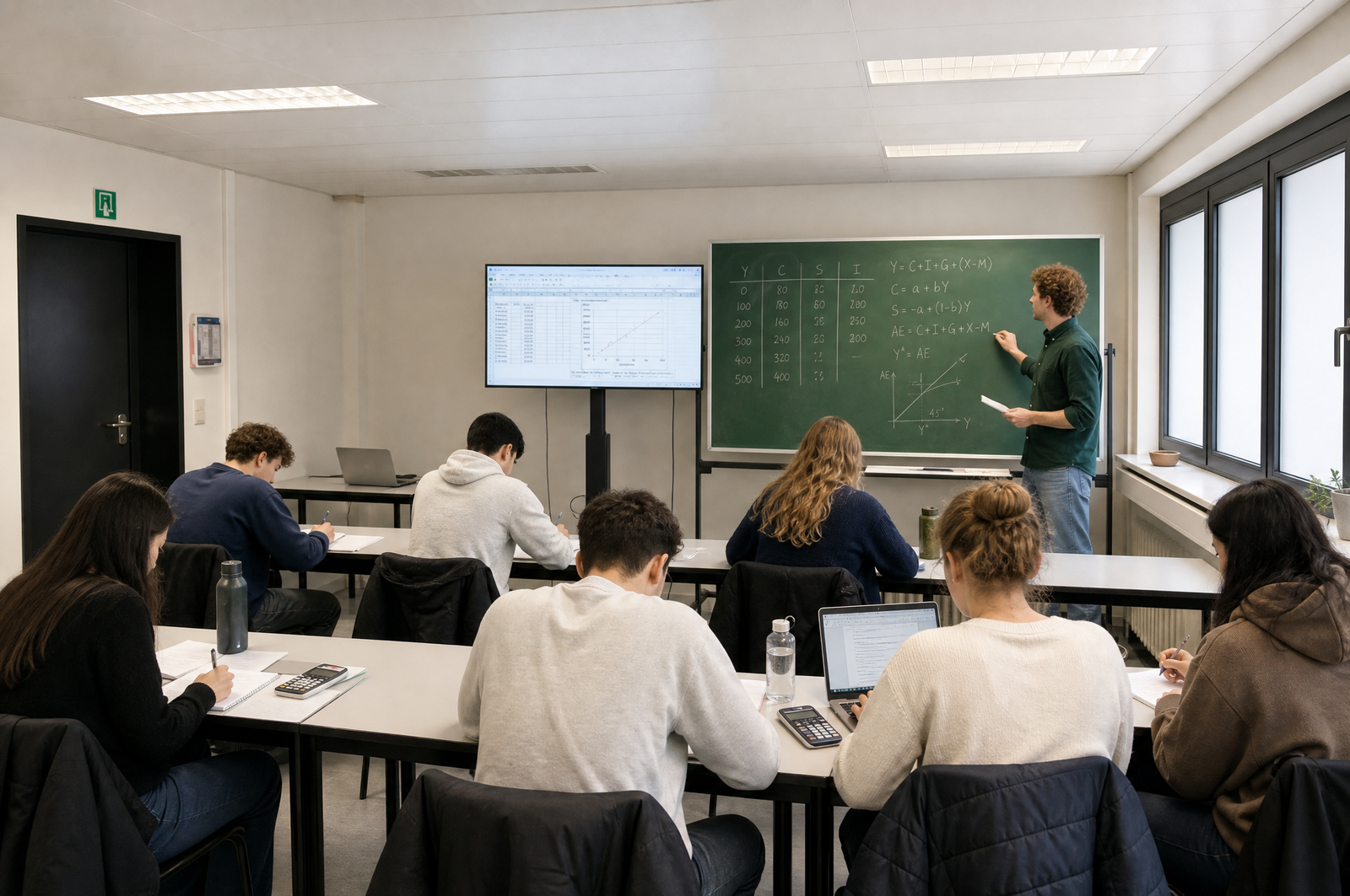 Lesgever legt de bestedingsbenadering uit aan het bord