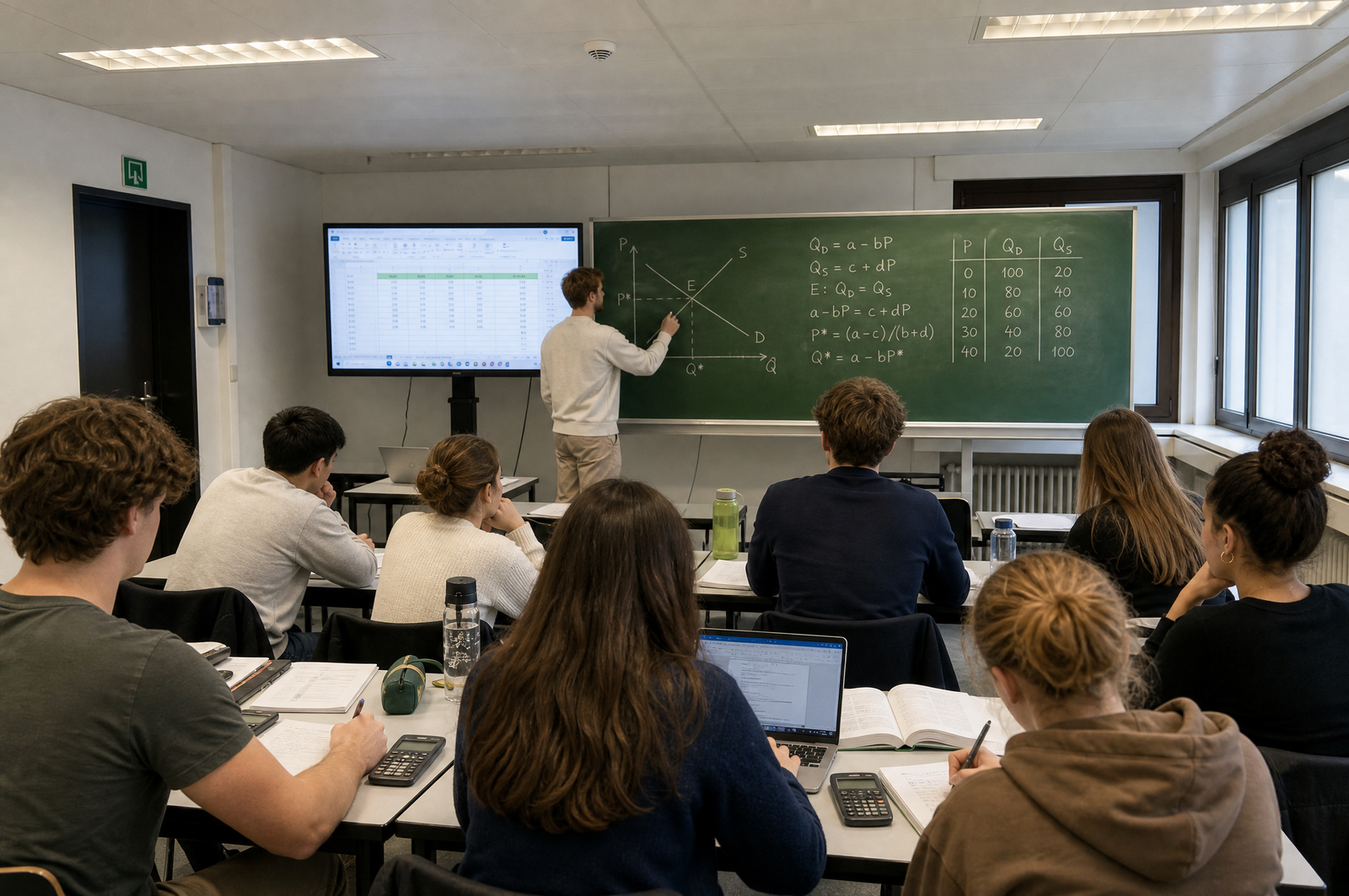 Lesgever tekent vraag- en aanbodcurves op het bord