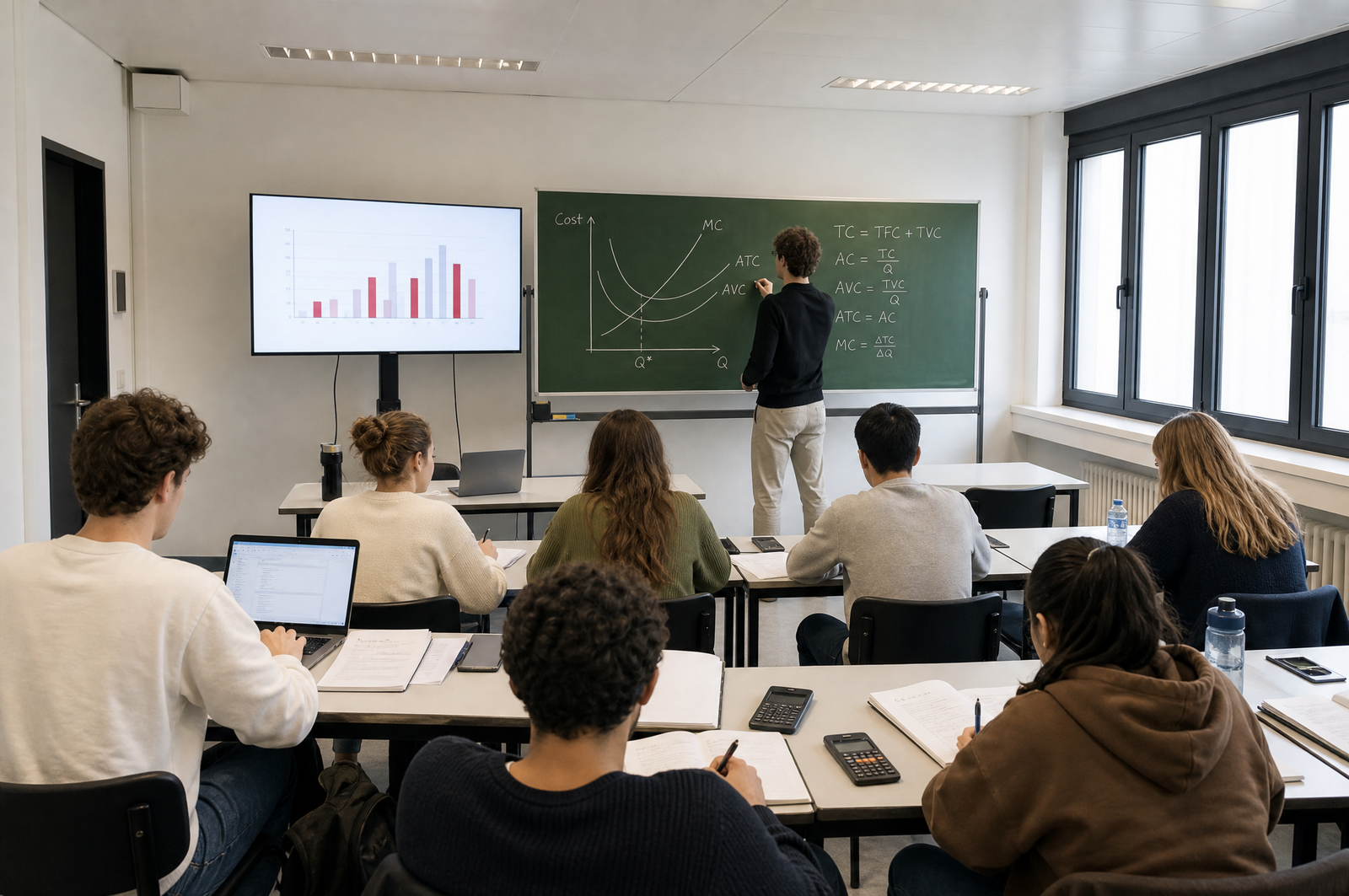 Lesgever tekent kostencurves op het bord