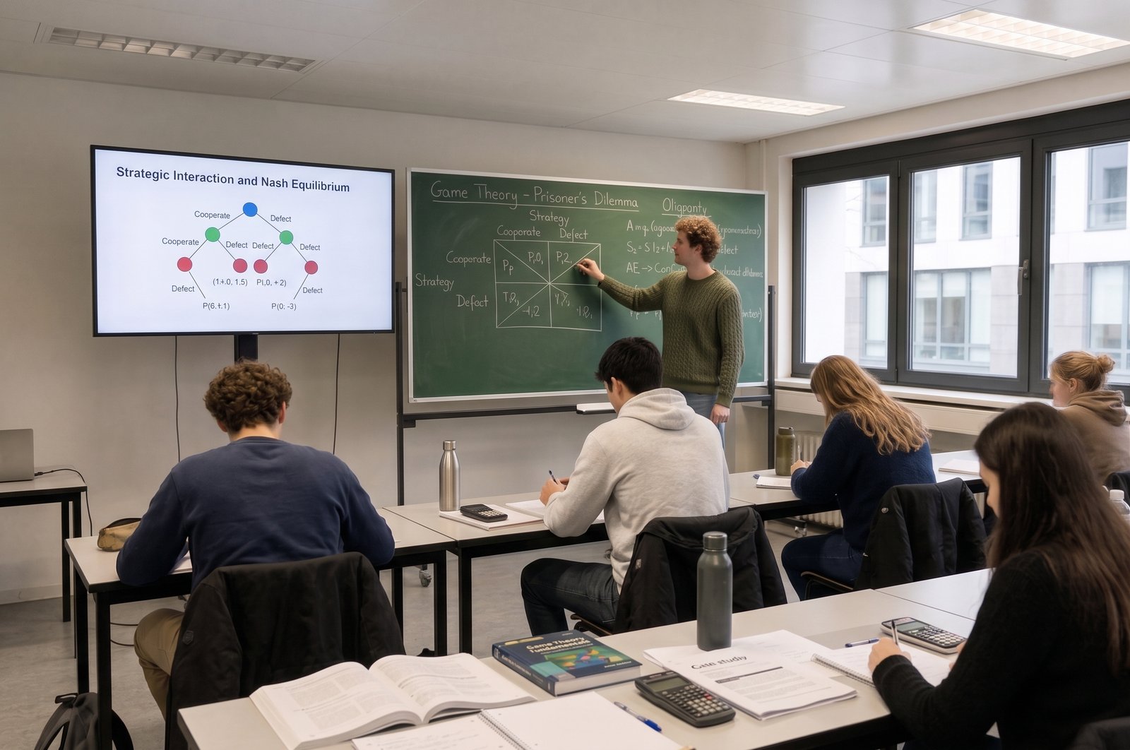 Lesgever legt speltheorie uit aan het bord